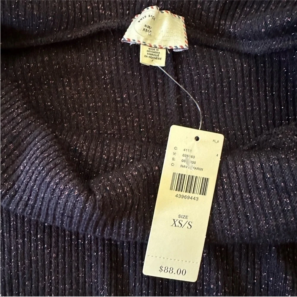 NWT Anthropologie Postmark Orley Ribbed Sparkle Cowl Neck Pullover Sweater Navy